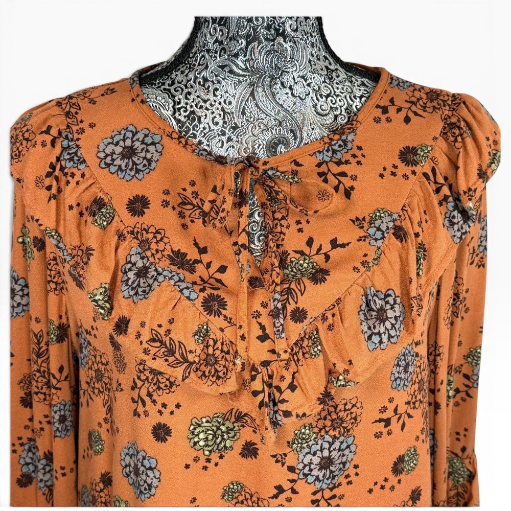 Sonoma Floral Boho Blouse Rust Orange Blue Green Ruffle Front Long Sleeve Size M - Picture 5 of 14